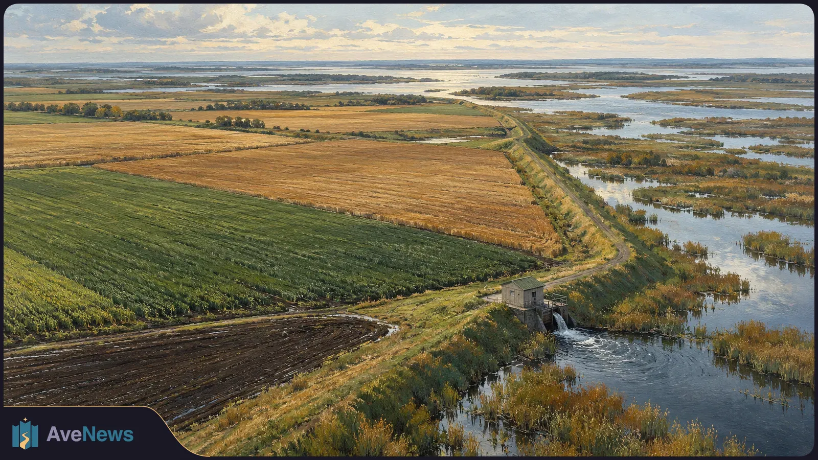 Painted aerial view of green and brown fields beside a marshy wetland. A raised road separates them, with water flowing from a small building into the wetland. SI illustration