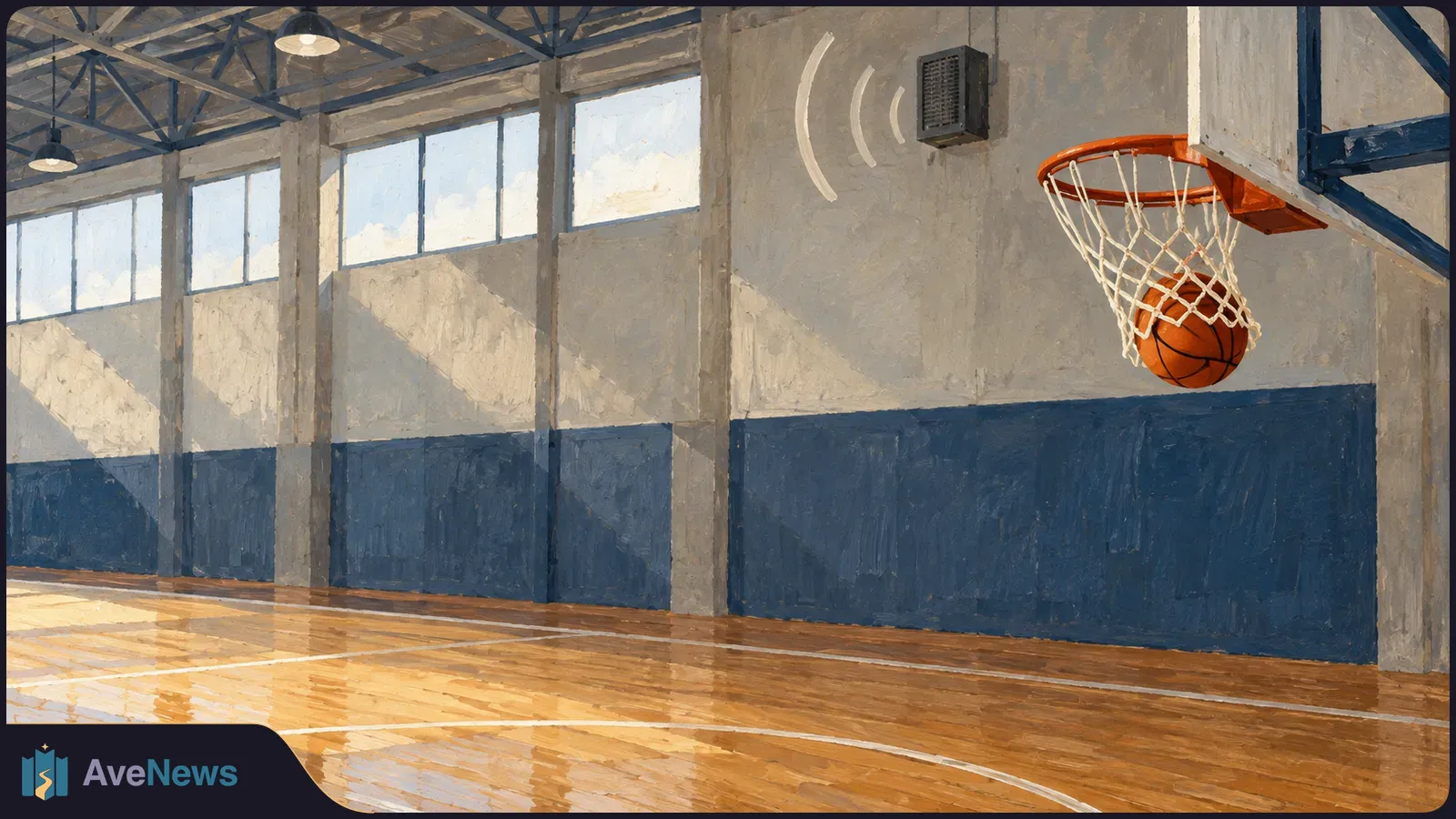 Painted indoor basketball court with a ball caught in the hoop’s net, high windows, blue walls and a polished wooden floor. SI illustration