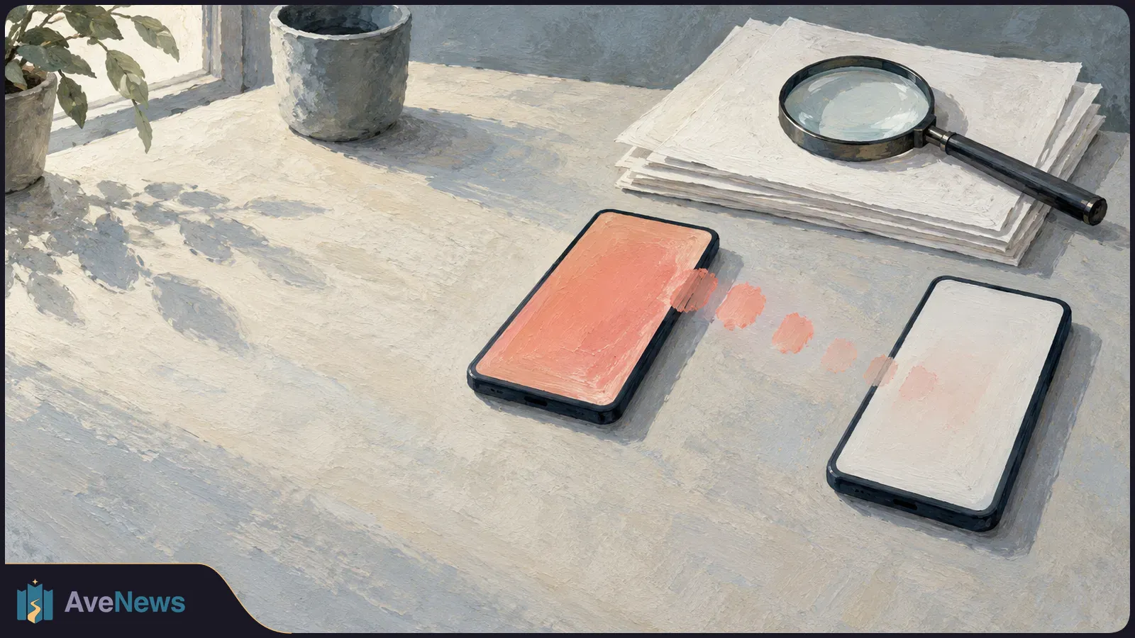 Painted scene of two phones with blank pink and white screens. Pink marks fade between them; a magnifying glass rests on a stack of blank papers. SI illustration