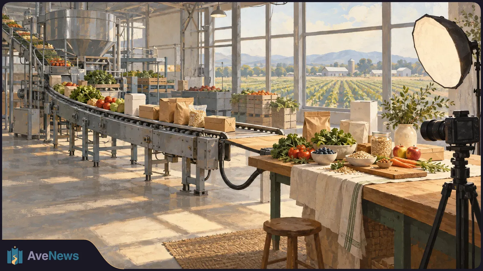 In a sunlit food-processing facility, produce and packages move along a conveyor beside a table of fresh foods staged for a camera and studio light; farm fields show through the windows. SI illustration