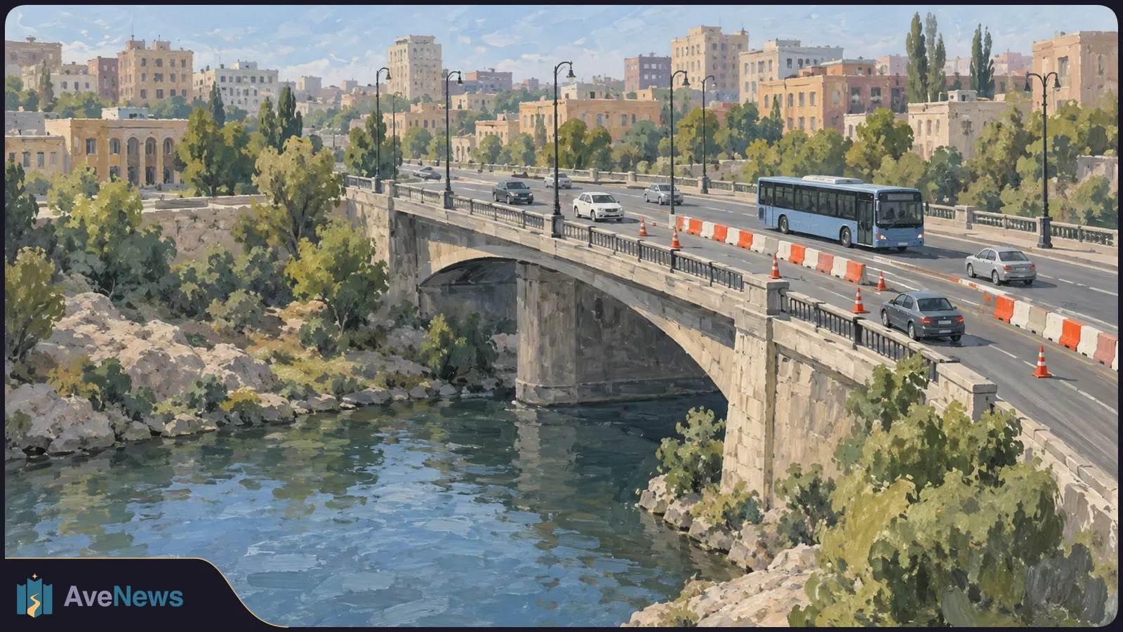 Painted cityscape with cars and a blue bus crossing a stone bridge over a river, beside orange-and-white barriers and traffic cones. SI illustration