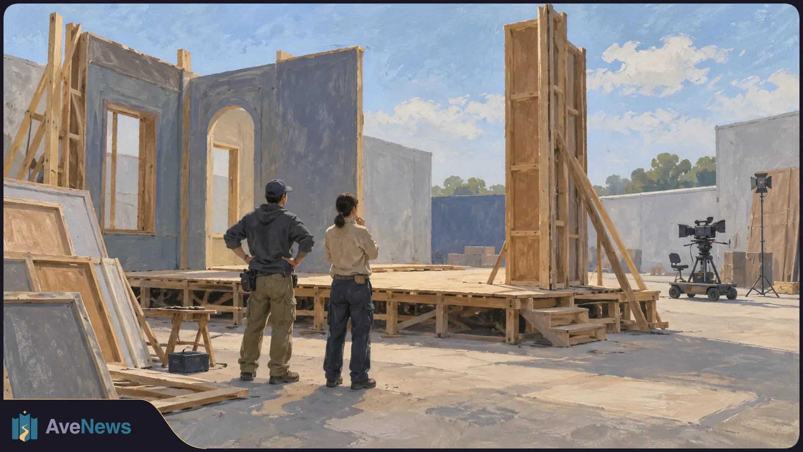 Painted film set with two people facing unfinished walls and wooden frames on a raised platform; a camera and studio light stand to the right. SI illustration