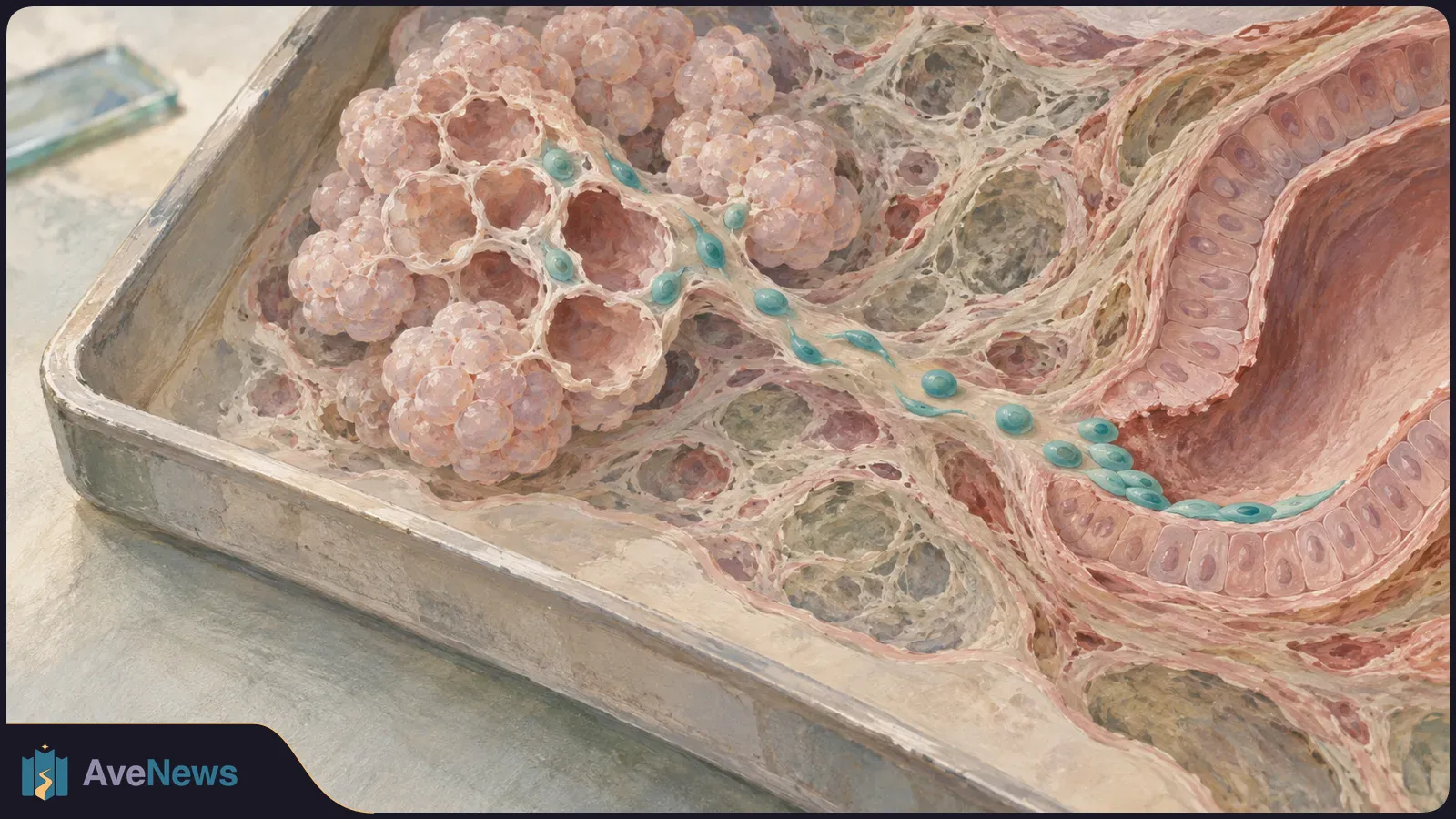 A painted cutaway of lung tissue shows clustered air sacs beside a small airway, with turquoise cells along a path between them. SI illustration