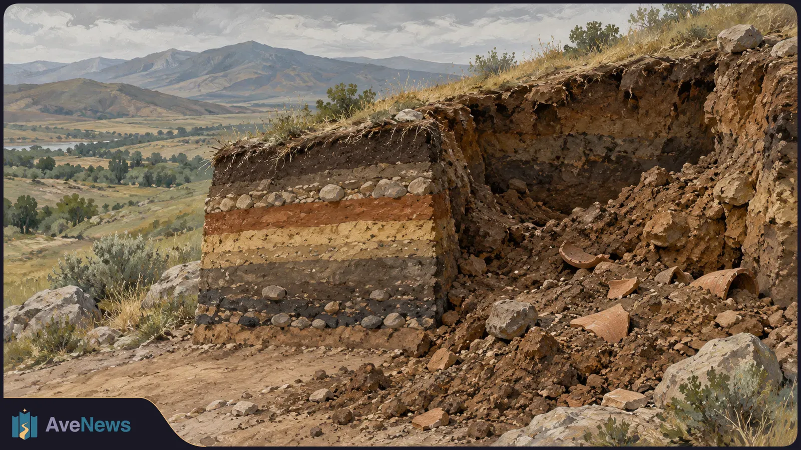 Illustrated earth bank with exposed layers of soil and stones, loose rubble and pottery fragments. A valley and mountains stretch into the background. SI illustration