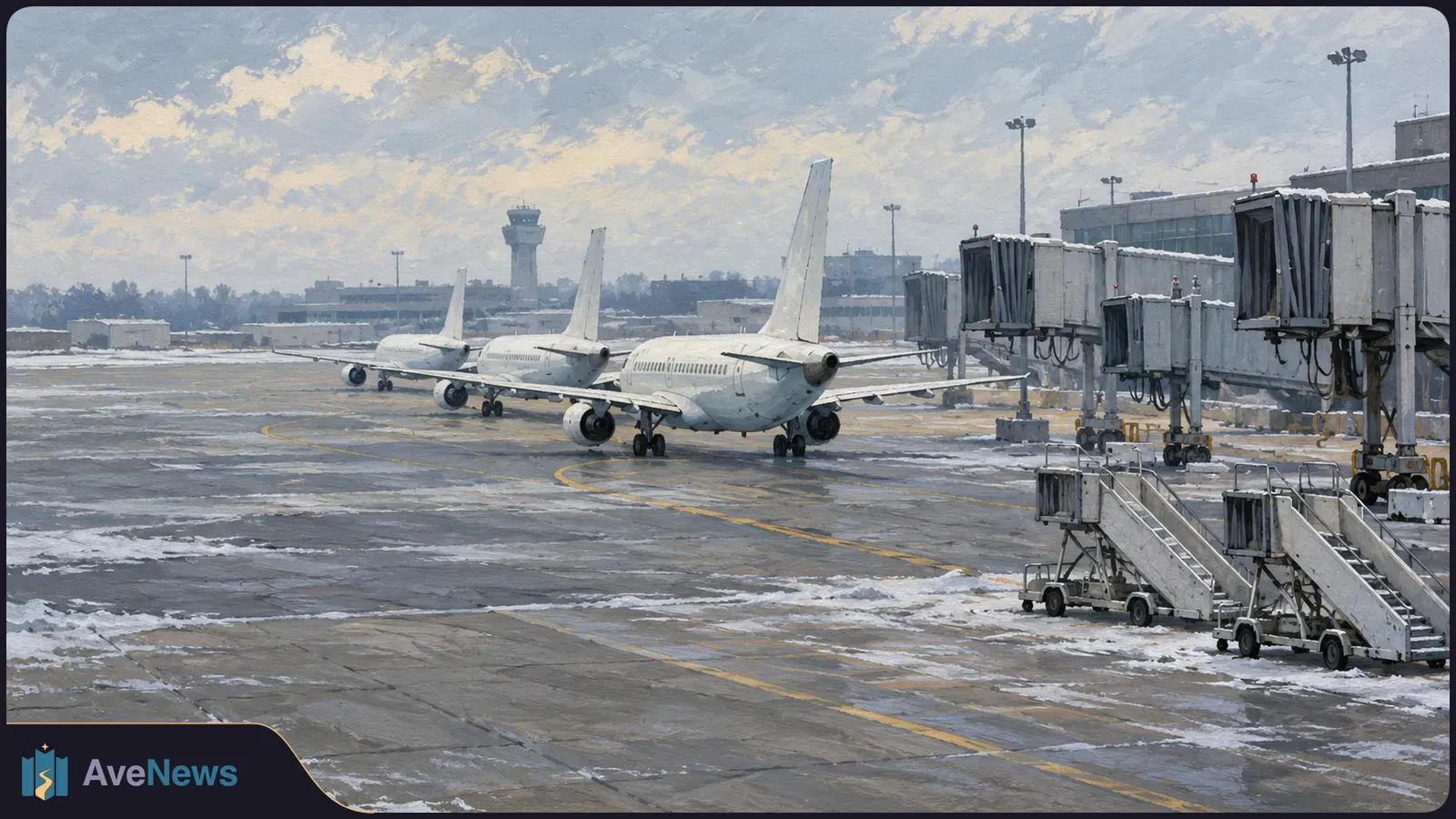 Illustration of three unmarked passenger planes on a snow-dusted airport apron, with jet bridges, mobile stairs and a control tower. SI illustration