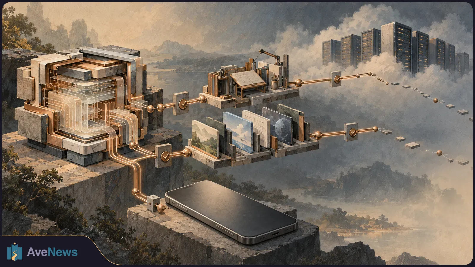 A glowing layered machine connects by gold lines to a floating workbench, image and document cards, distant server racks, and a black phone above a misty mountain landscape. SI illustration