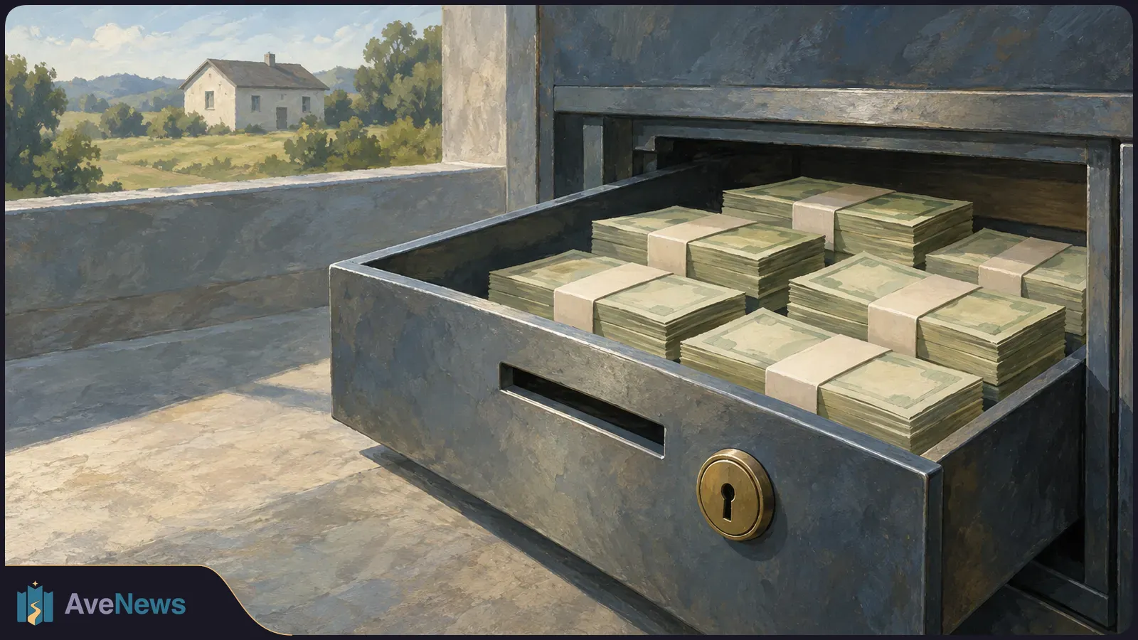 Illustration of an open metal drawer filled with banded stacks of cash, with a white house and trees visible in the distance. SI illustration