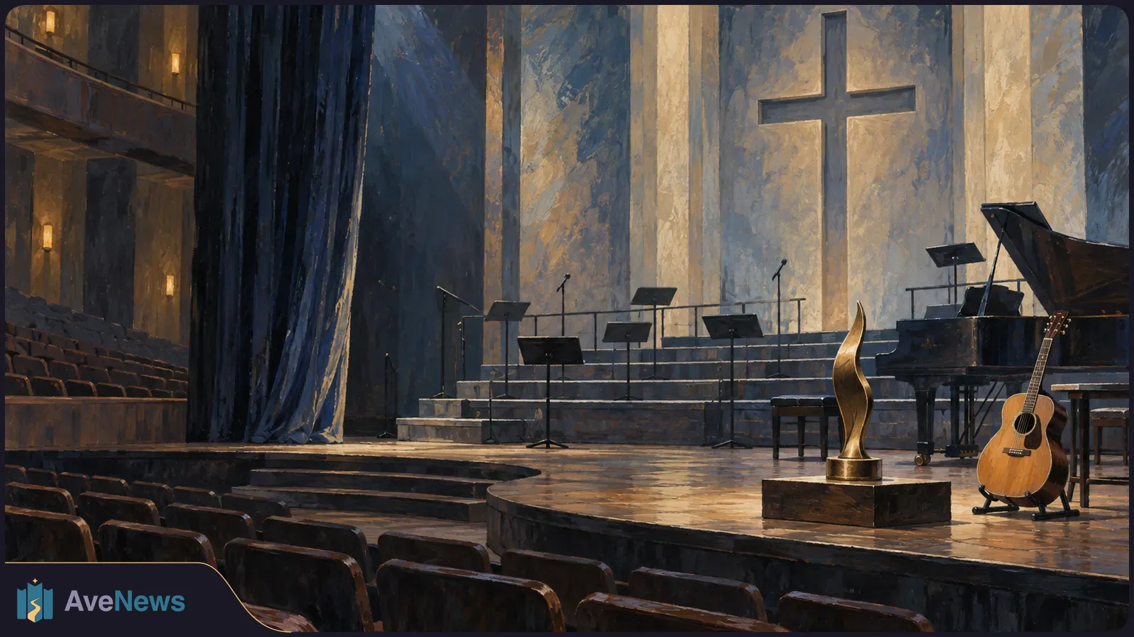 A painted view of an empty auditorium stage with a large cross, grand piano, acoustic guitar, music stands and a gold trophy-like sculpture. SI illustration
