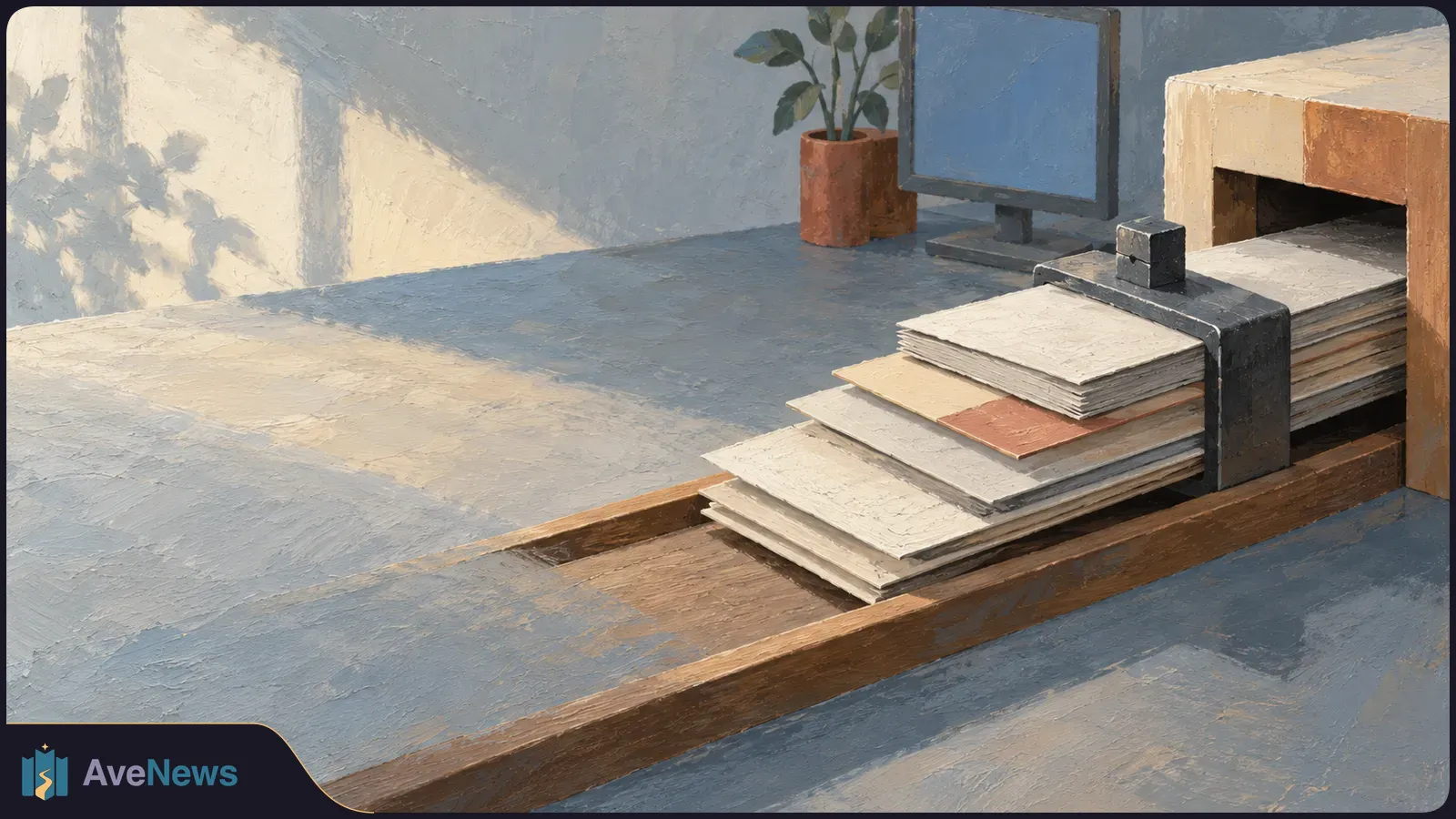 Painted scene of a clamped stack of blank sheets moving along a wooden track into a slot, with a blank monitor and potted plant behind it. SI illustration