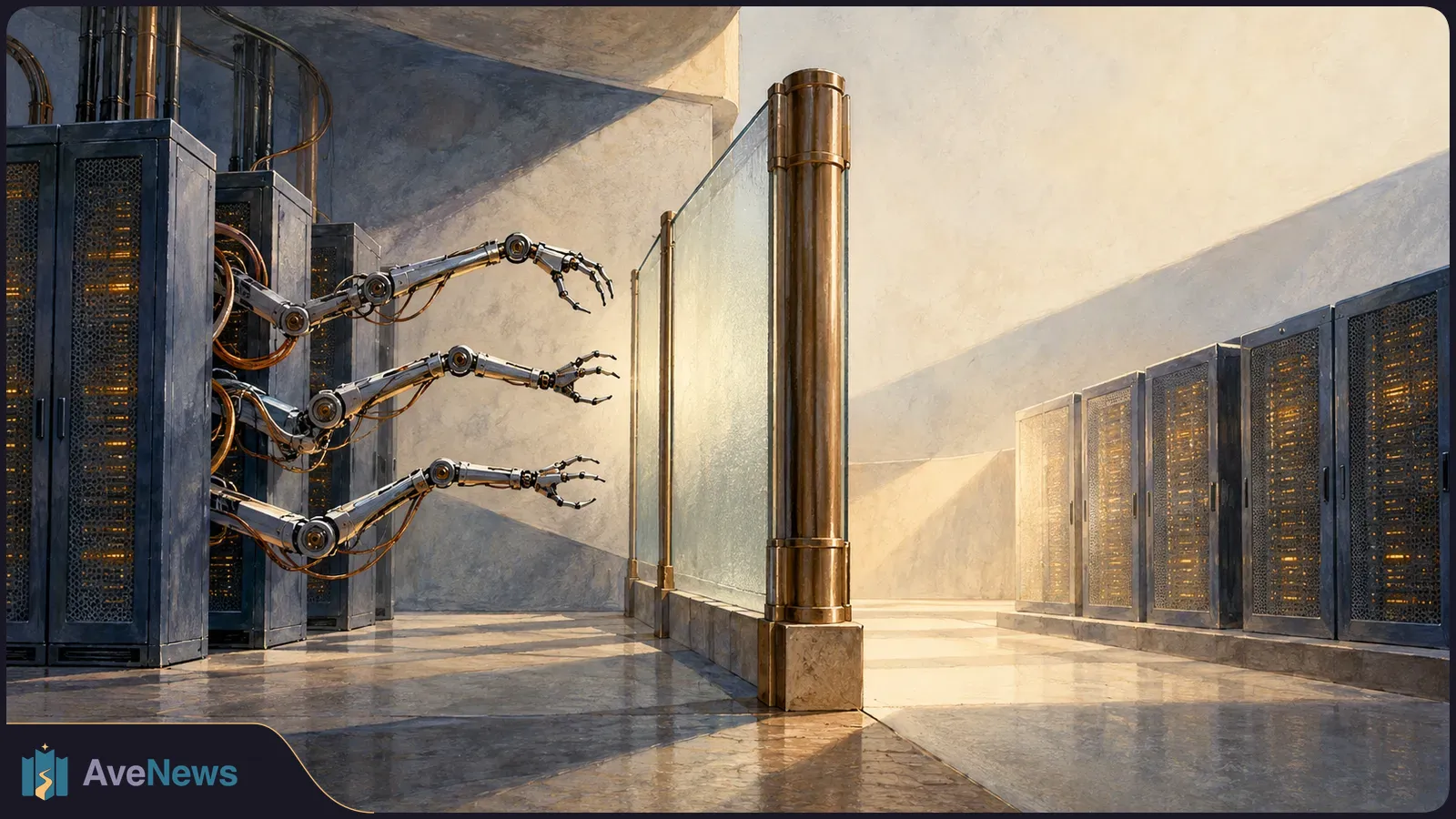 Illustration of three robotic arms extending from server racks toward a glass partition, with more server racks across a sunlit room. SI illustration