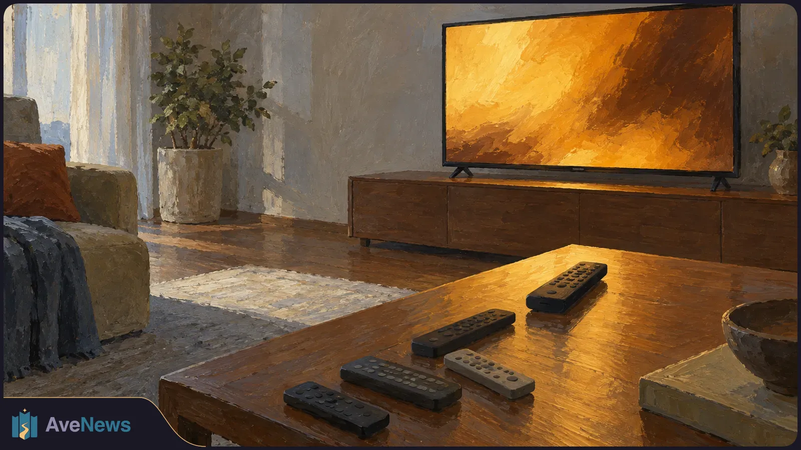 Painterly living room with a television showing amber abstract imagery and five remote controls on a wooden coffee table. SI illustration
