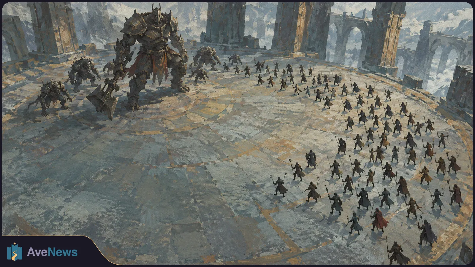 Dozens of armed figures face a towering armored creature and smaller monsters across a vast circular stone arena among ruins. SI illustration