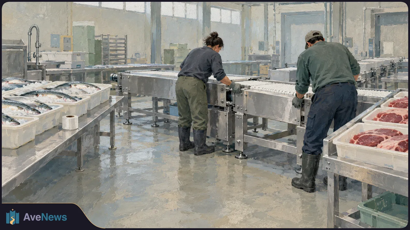 Illustration of two workers beside conveyor belts in a processing facility, with trays of fish on ice to the left and raw meat to the right. SI illustration