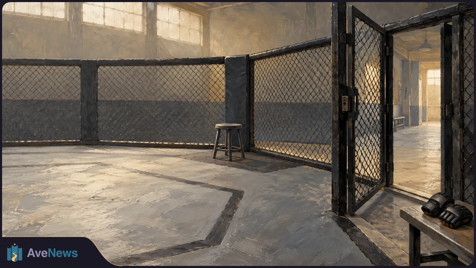 Painted view of an empty MMA cage with its gate open, a stool beside the fence and black gloves on a bench. SI illustration