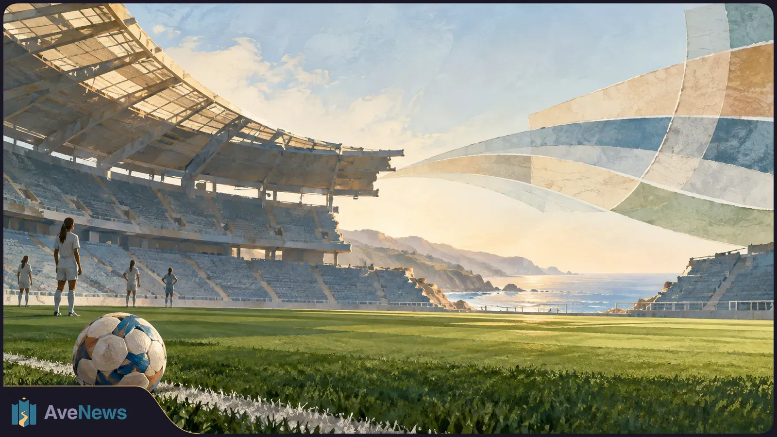 A soccer ball on the grass of a sunlit coastal stadium. Four players in pale kits stand near empty stands, with the sea beyond and broad ribbonlike shapes overhead. SI illustration