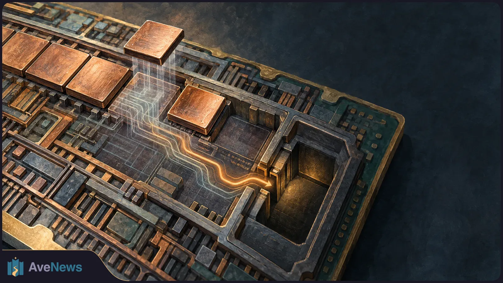 Isometric illustration of a circuit board with raised copper-colored chips. Glowing traces and an arrow lead into a recessed area. SI illustration