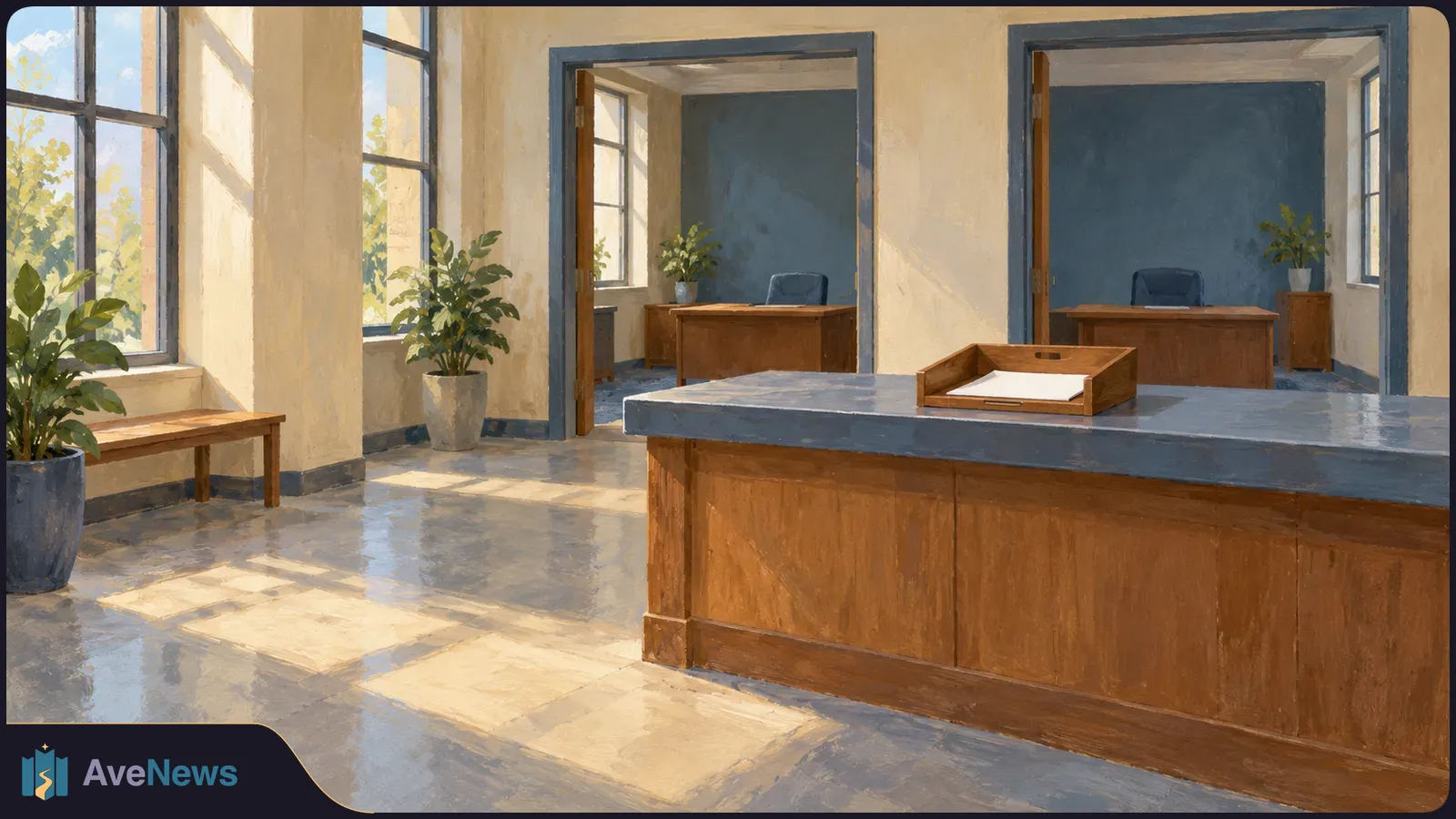 Painted sunlit office reception area with a wooden counter, a tray holding a blank sheet, two open doorways leading to desks, and potted plants by the windows. SI illustration