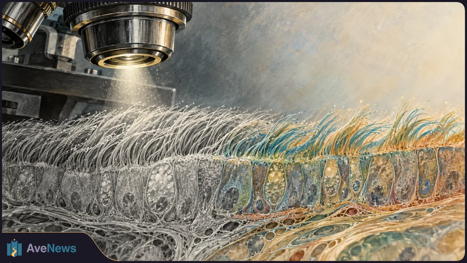 A microscope objective shines on an illustrated cross-section of ciliated airway tissue, grayscale on the left and blue and gold on the right. SI illustration