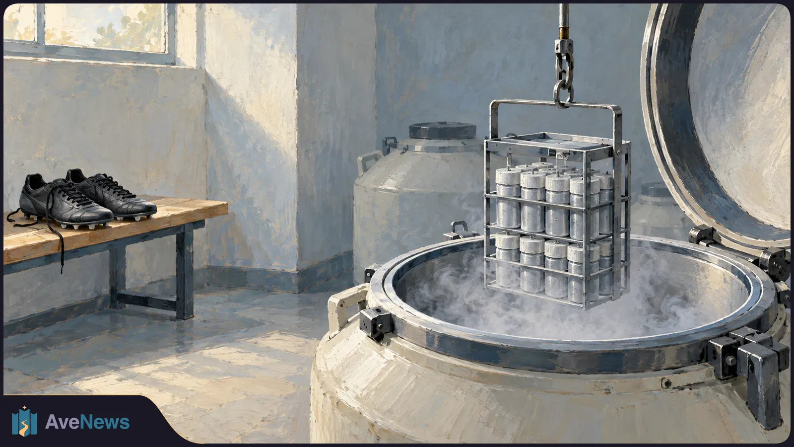 A painted lab scene shows a rack of metal canisters suspended over an open, mist-filled tank, with black football boots on a bench nearby. SI illustration