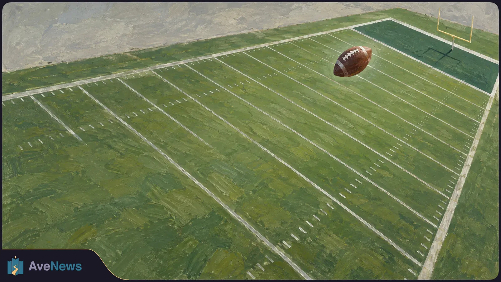 Painted aerial view of an empty American football field, with white yard lines, a goalpost and a football suspended above the far end. SI illustration