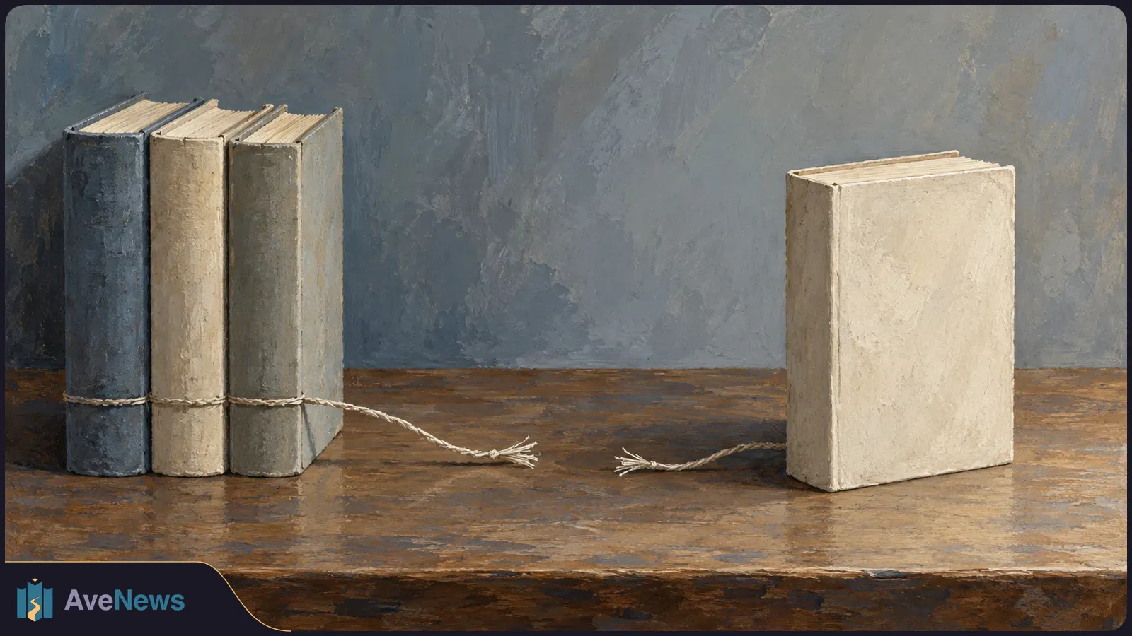 Painterly image of three books bound with twine on the left and one book on the right, with frayed twine ends between them on a wooden table. SI illustration