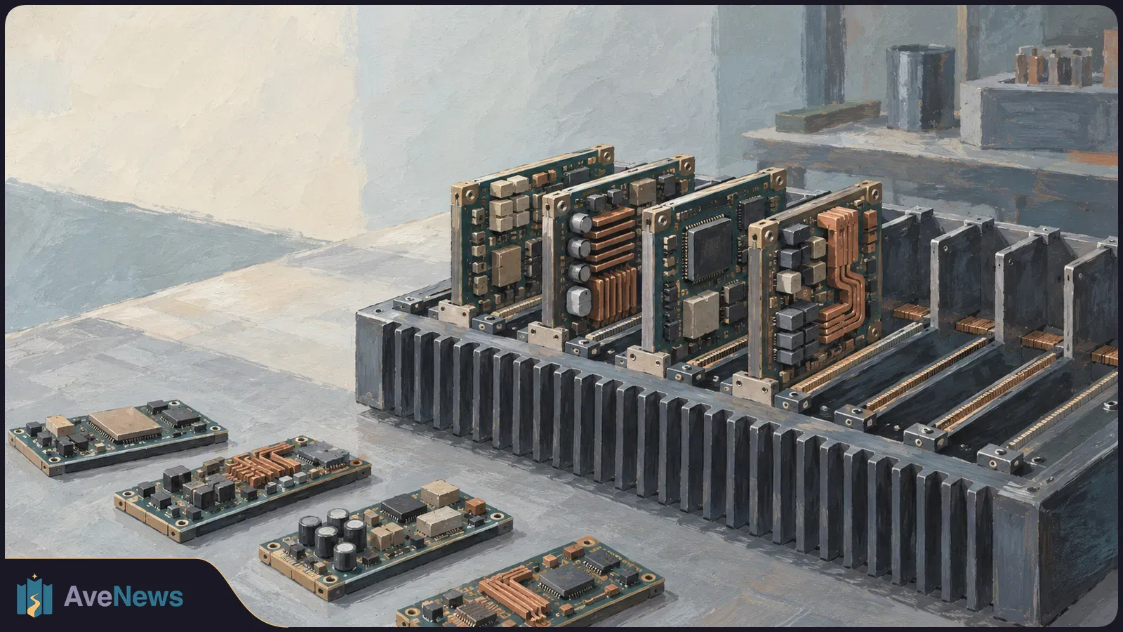 Illustration of circuit boards mounted upright in a large metal rack, with four smaller boards laid out on a workbench in front. SI illustration
