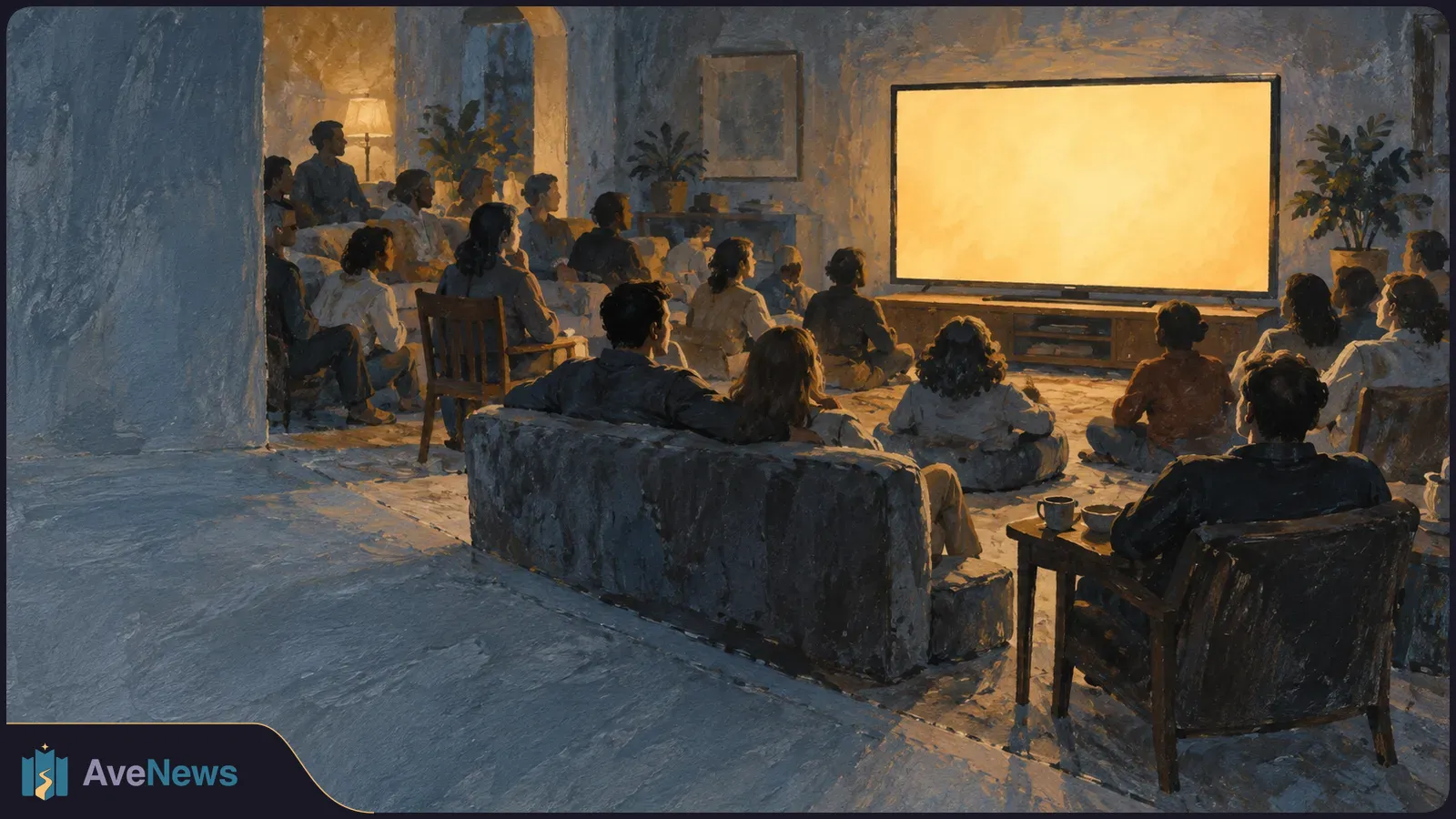 Painterly scene of a crowd seated in a dim living room, facing a large glowing, blank television screen. SI illustration