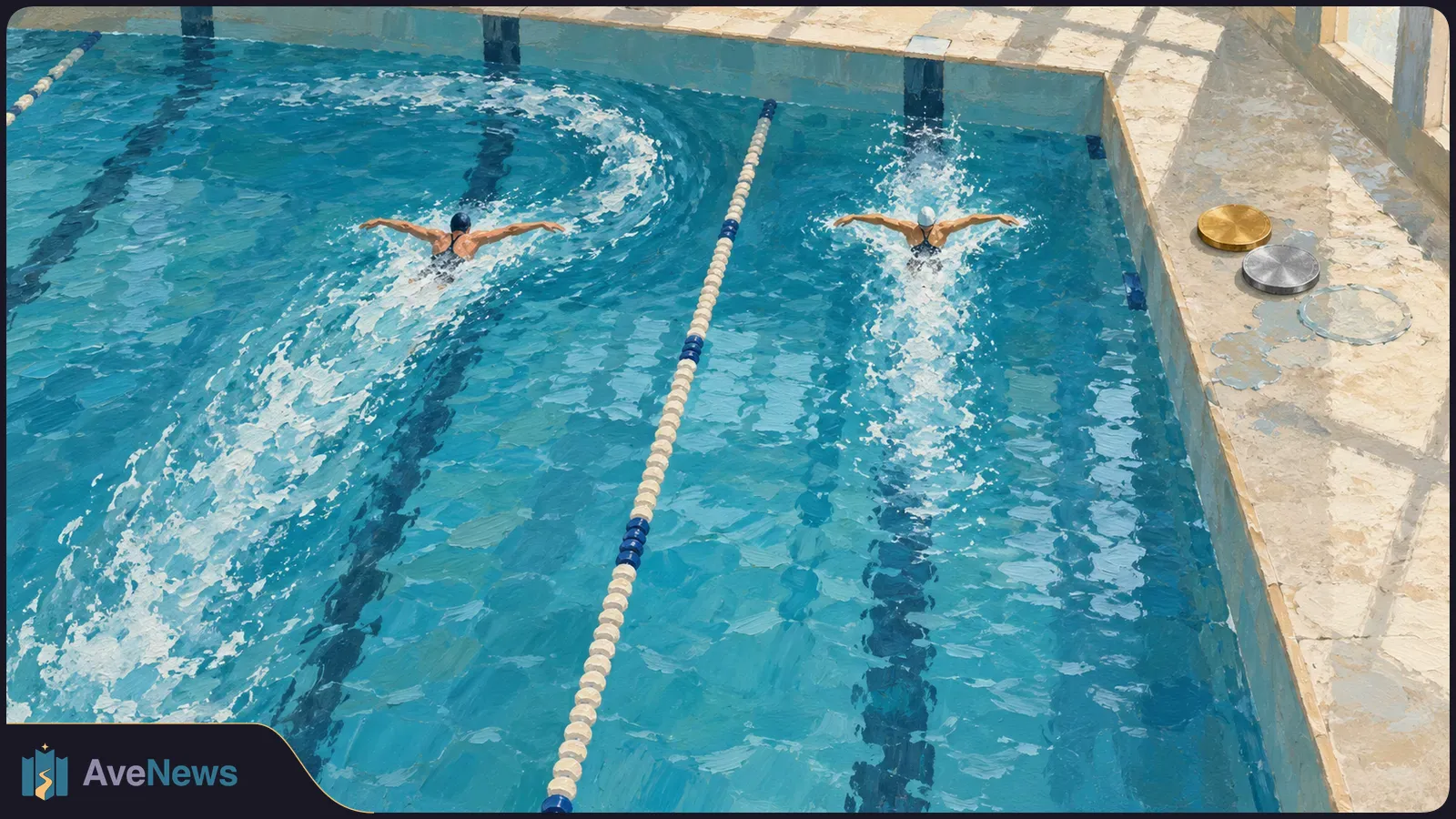 Painterly overhead view of two swimmers doing butterfly in adjacent pool lanes, with gold and silver discs on the deck. SI illustration