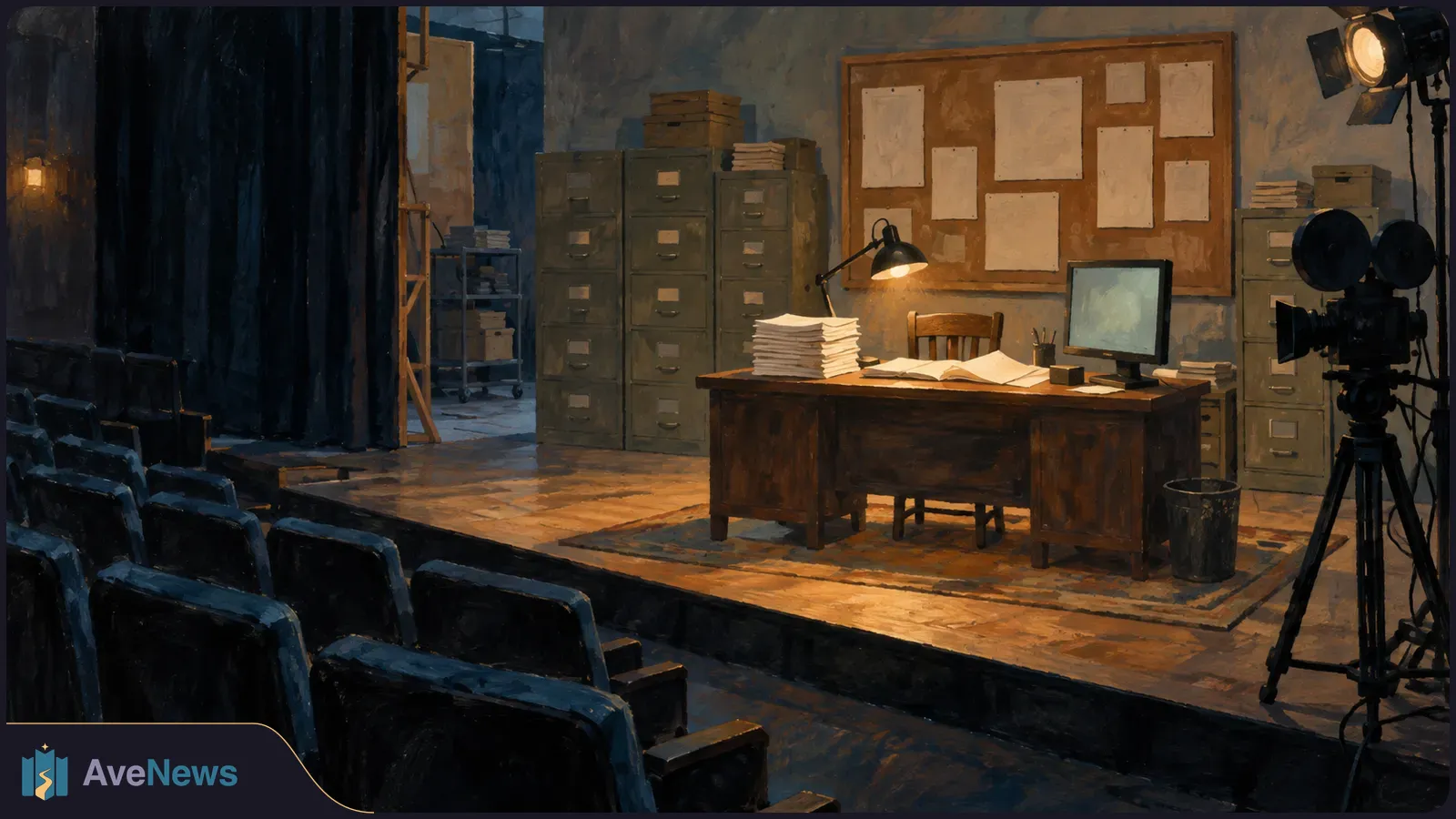 An illustrated film set shows a desk piled with papers and surrounded by filing cabinets, with a camera and studio light beside rows of empty theater seats. SI illustration