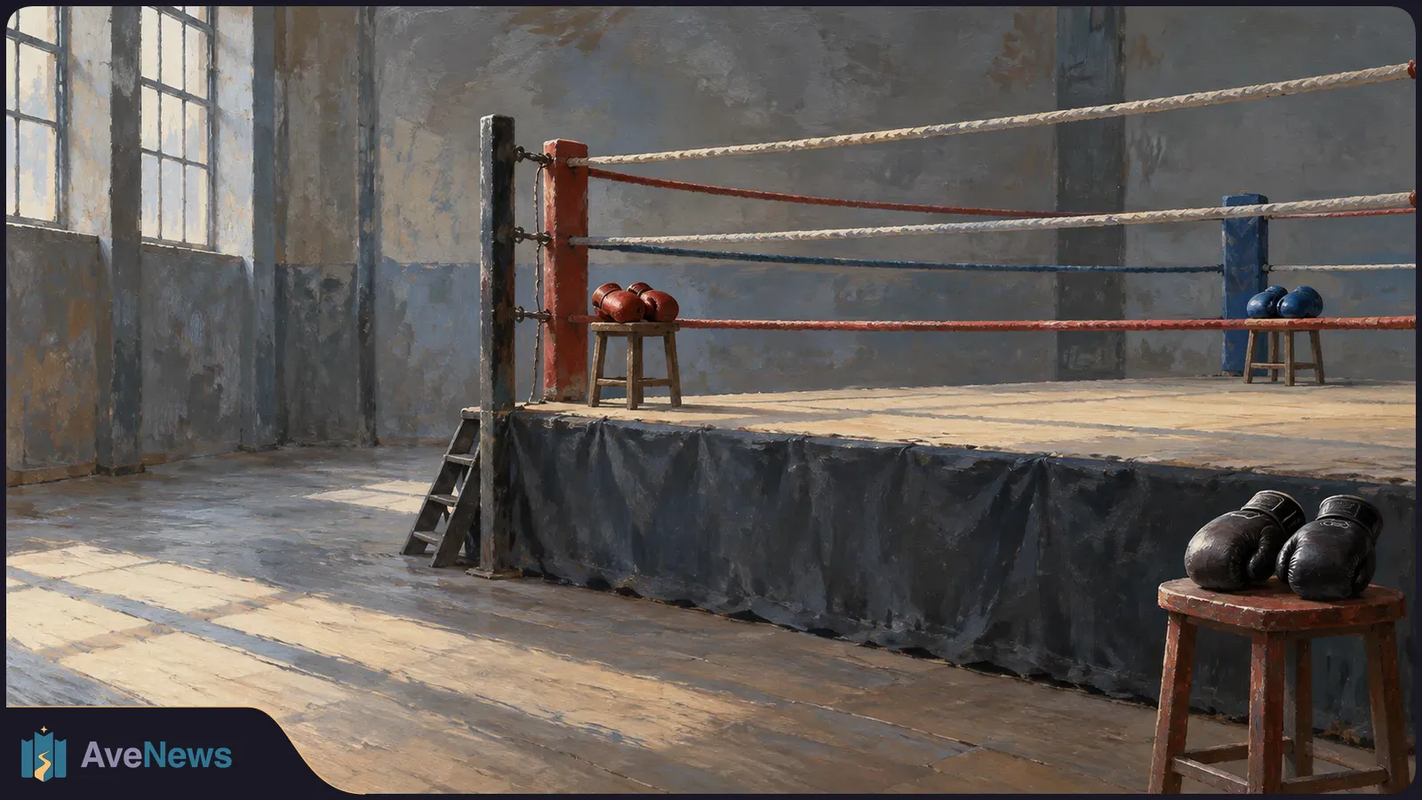 A painted, empty boxing ring in a sunlit gym, with red and blue gloves on stools inside the ring and black gloves on a stool in the foreground. SI illustration