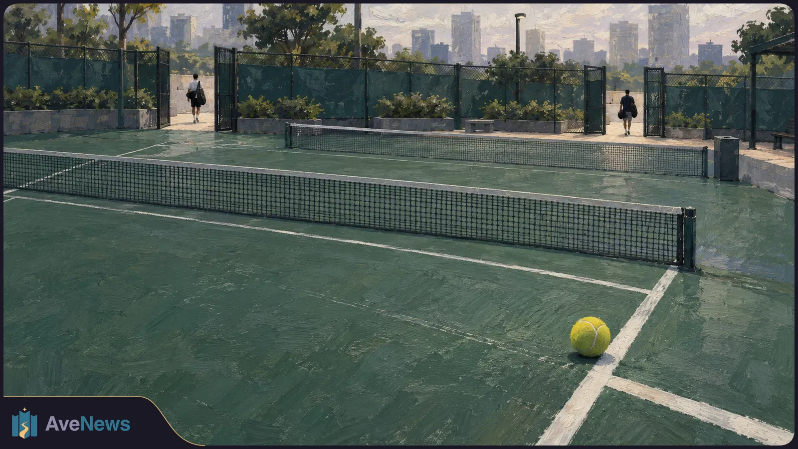 A yellow tennis ball rests on an empty green court. Beyond the nets, two distant figures walk through open gates, with trees and a city skyline behind them. SI illustration