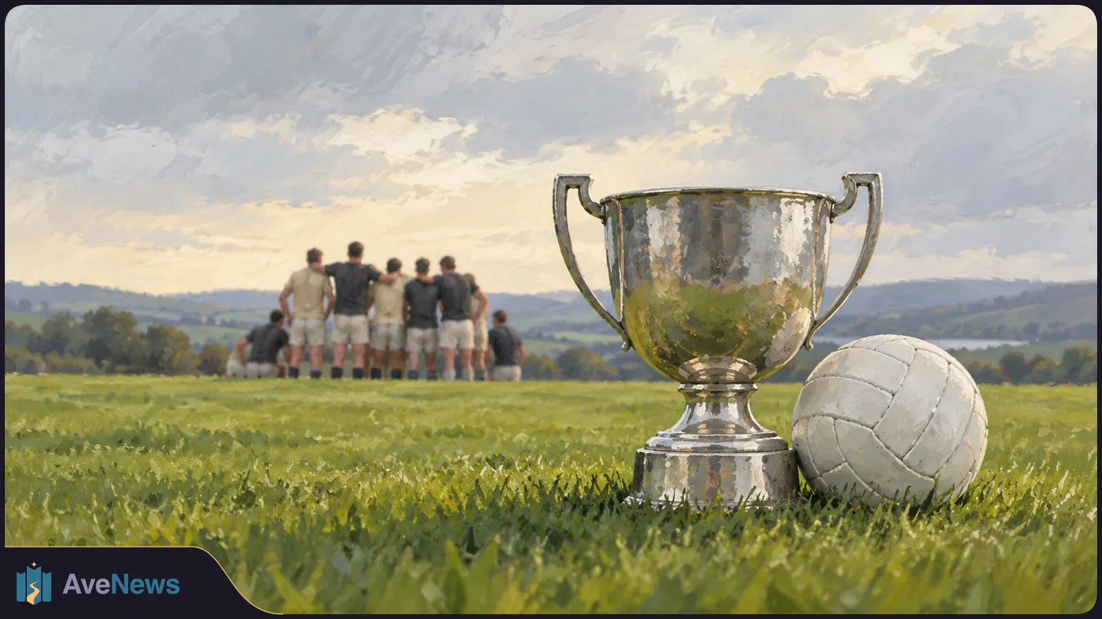 A painted scene of a silver trophy and white football on grass, with a group of players standing together in the distance beneath a cloudy sky. SI illustration