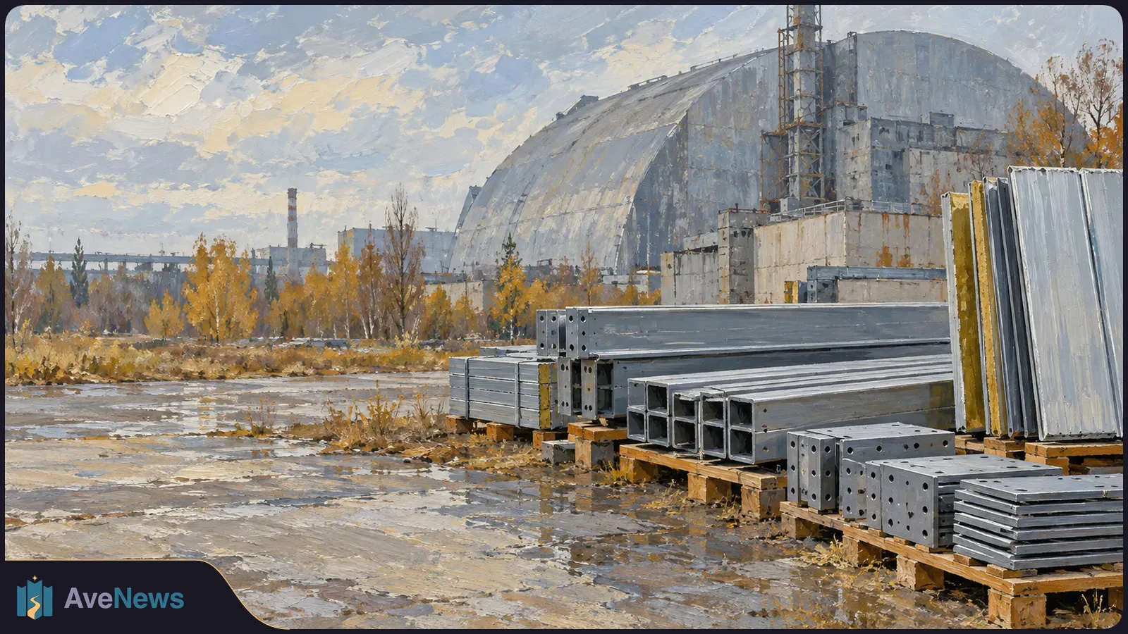 Painted scene of a large arched industrial structure behind autumn trees, with stacks of metal beams and panels on wooden pallets in the foreground. SI illustration