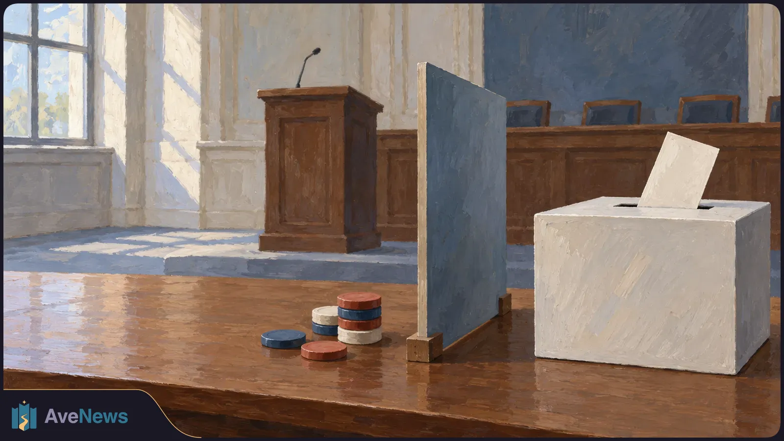 Painted scene of a blank ballot in a white box, separated from red, white and blue betting chips by a divider on a wooden table. An empty chamber is behind them. SI illustration