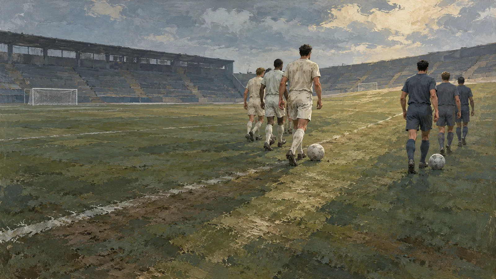 A painting of footballers in white and dark kits walking across a pitch with two balls, surrounded by empty stadium stands. SI illustration