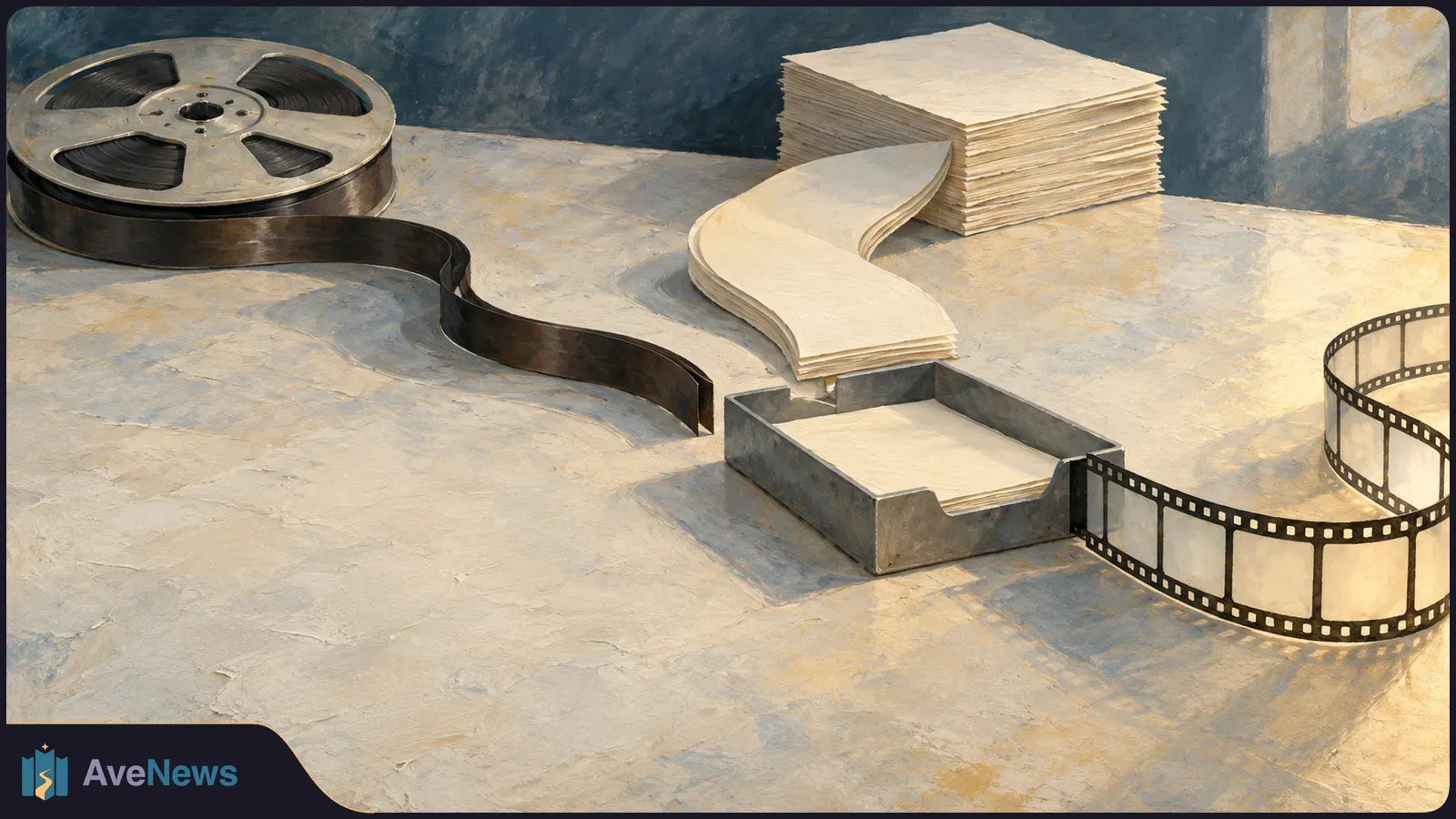Illustration of a film reel and curling filmstrip beside stacks of blank paper and a metal paper tray on a tabletop. SI illustration