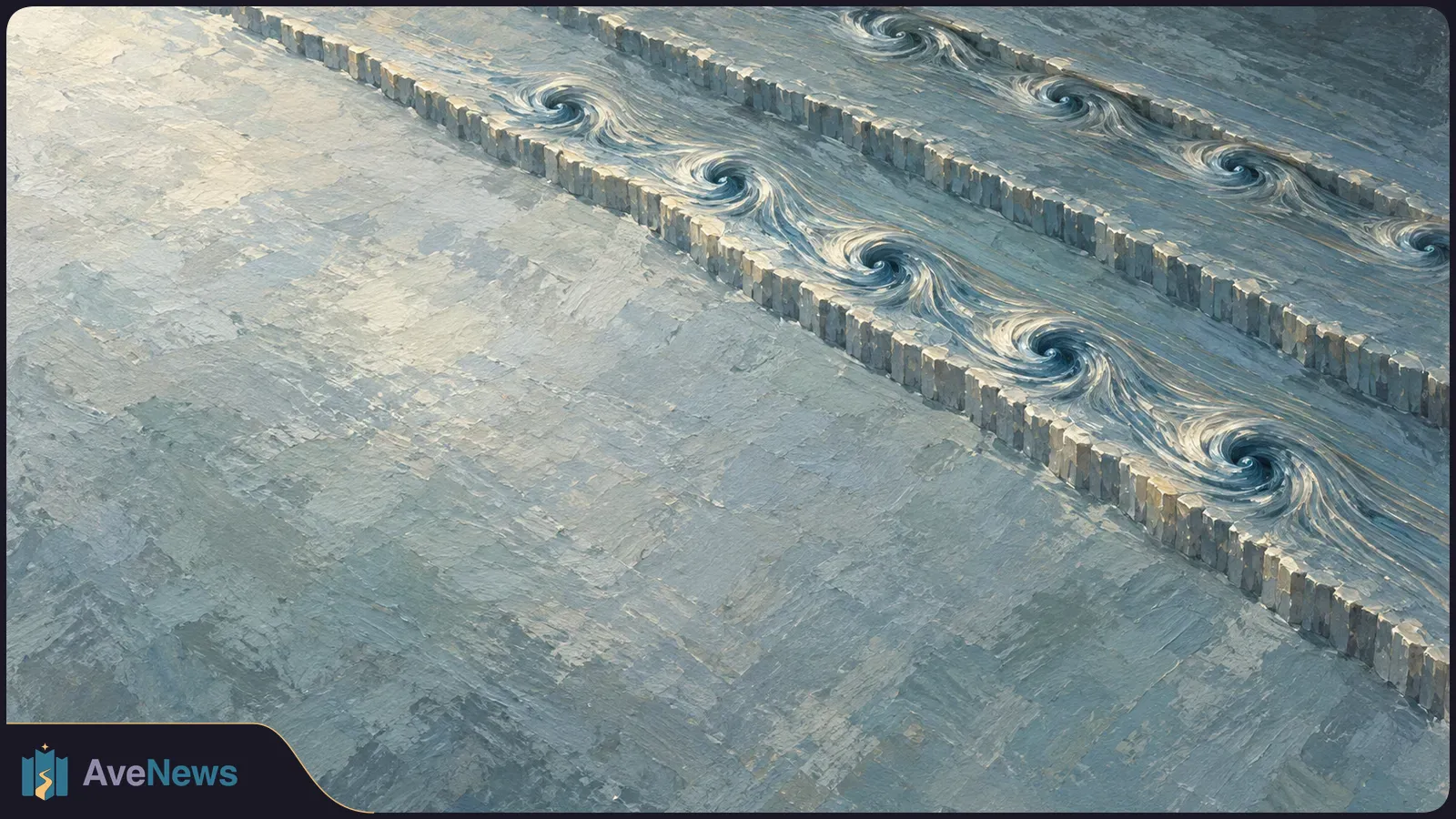 Painted blue-gray surface with parallel raised steps and small swirling patterns running along them. SI illustration