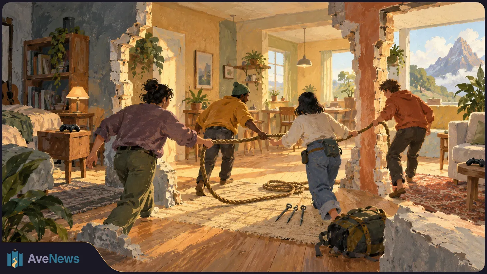 Painted scene of four people moving through a sunlit room with broken walls, holding a rope; mountains are visible through the opening. SI illustration