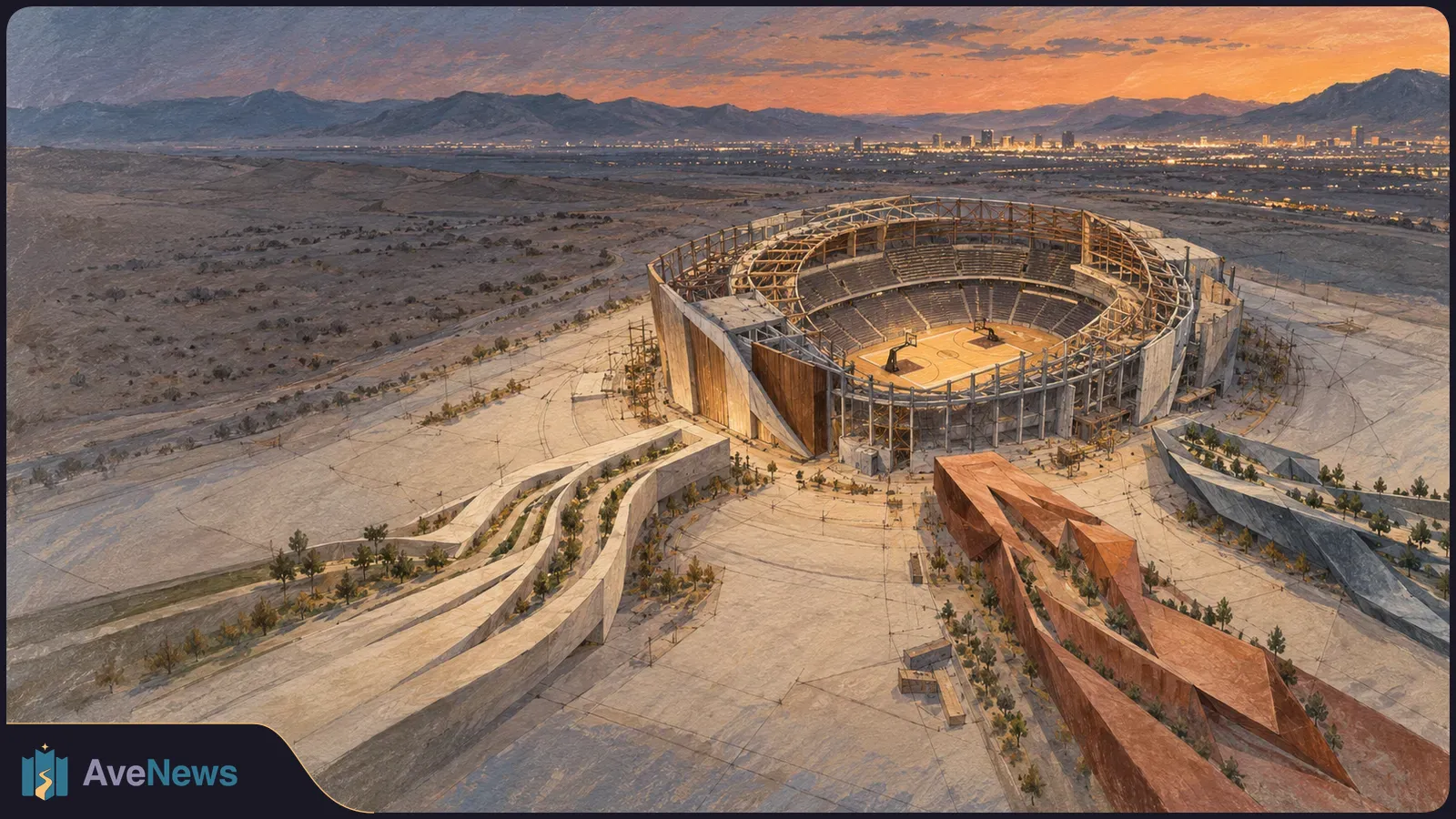 Aerial illustration of a roofless basketball arena in a desert landscape, with angular landscaped walkways, a distant city skyline and mountains beneath an orange sunset. SI illustration