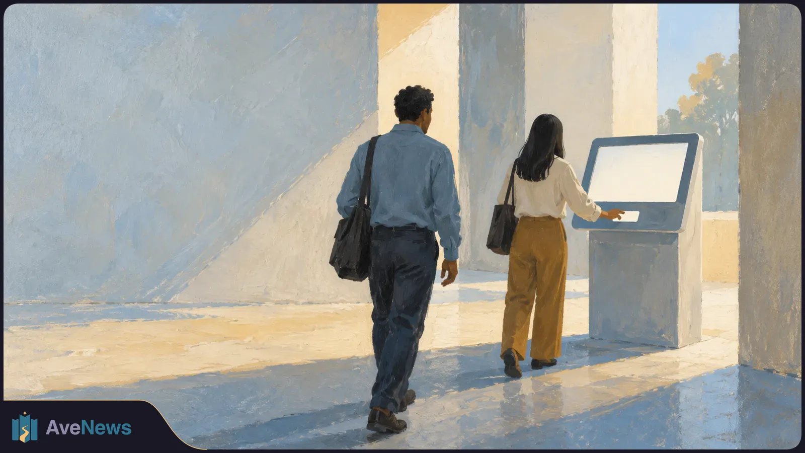 Illustration of two people seen from behind in a sunlit hall; one reaches toward a blank touchscreen kiosk. SI illustration