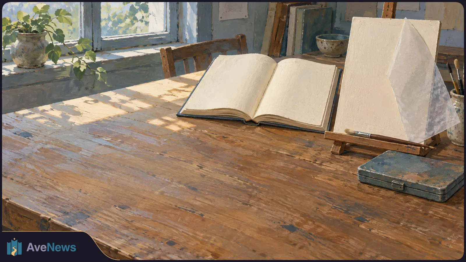 A sunlit, painterly studio table holds an open blank book beside an easel with a blank canvas, brushes and a paint box. SI illustration