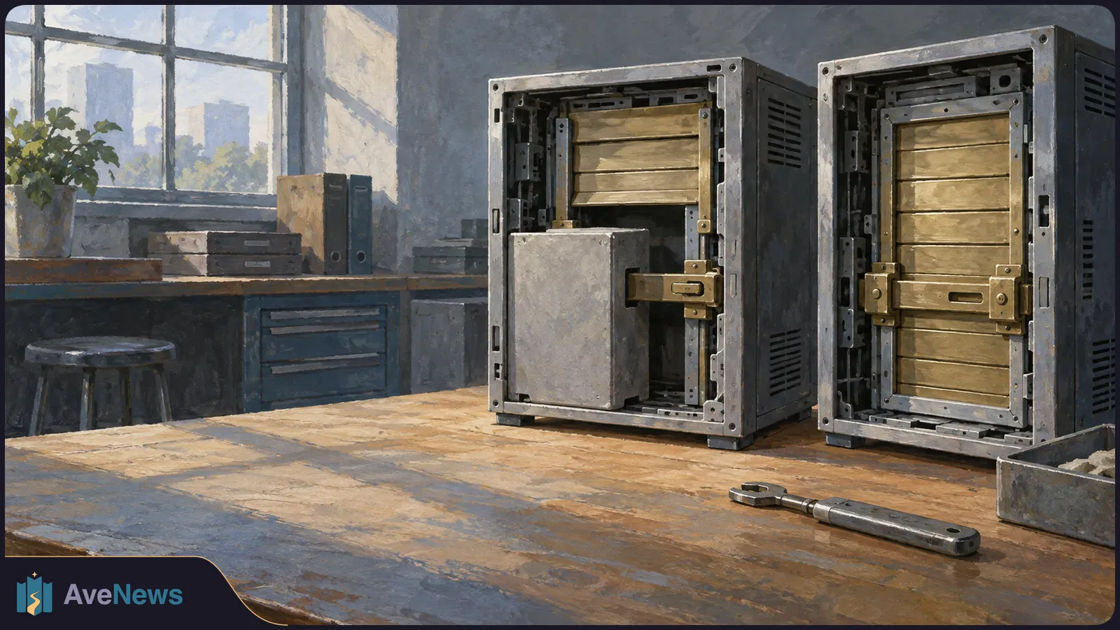 Painted scene of two open metal device cases with wooden shutter-like panels on a workbench; a hand tool lies in front of them. SI illustration